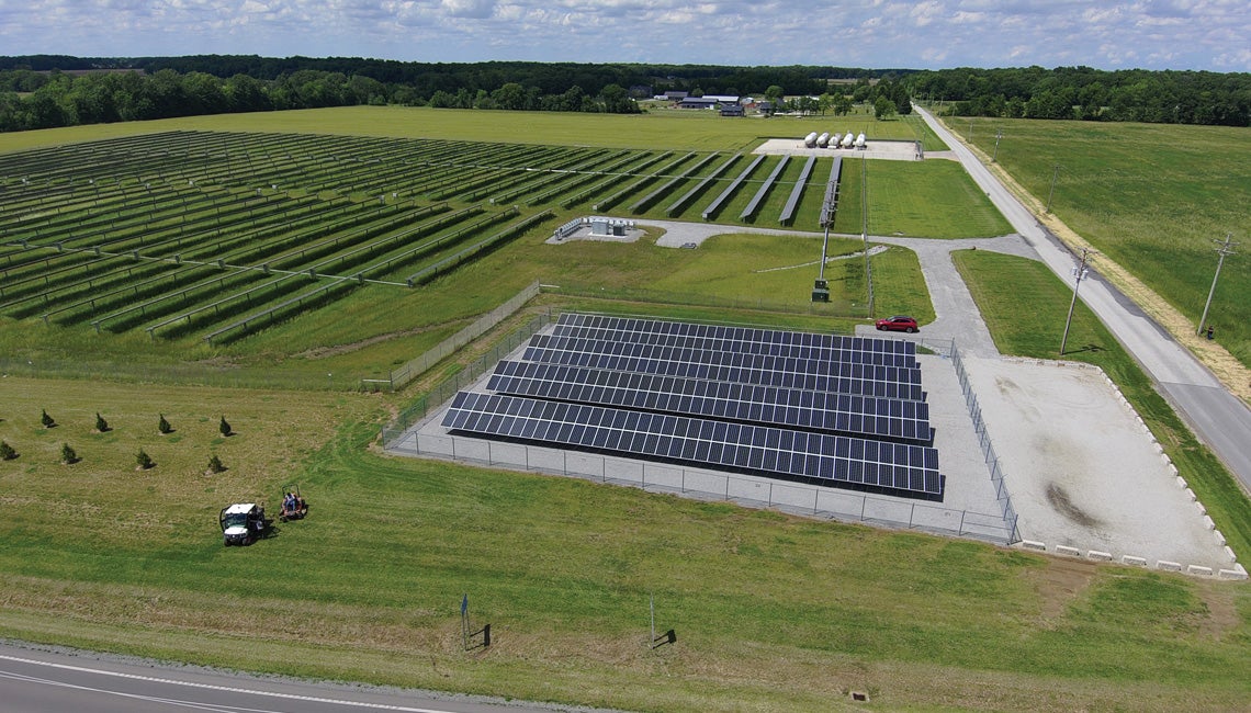 An overhead view of a field of solar arrays located in Ohio.