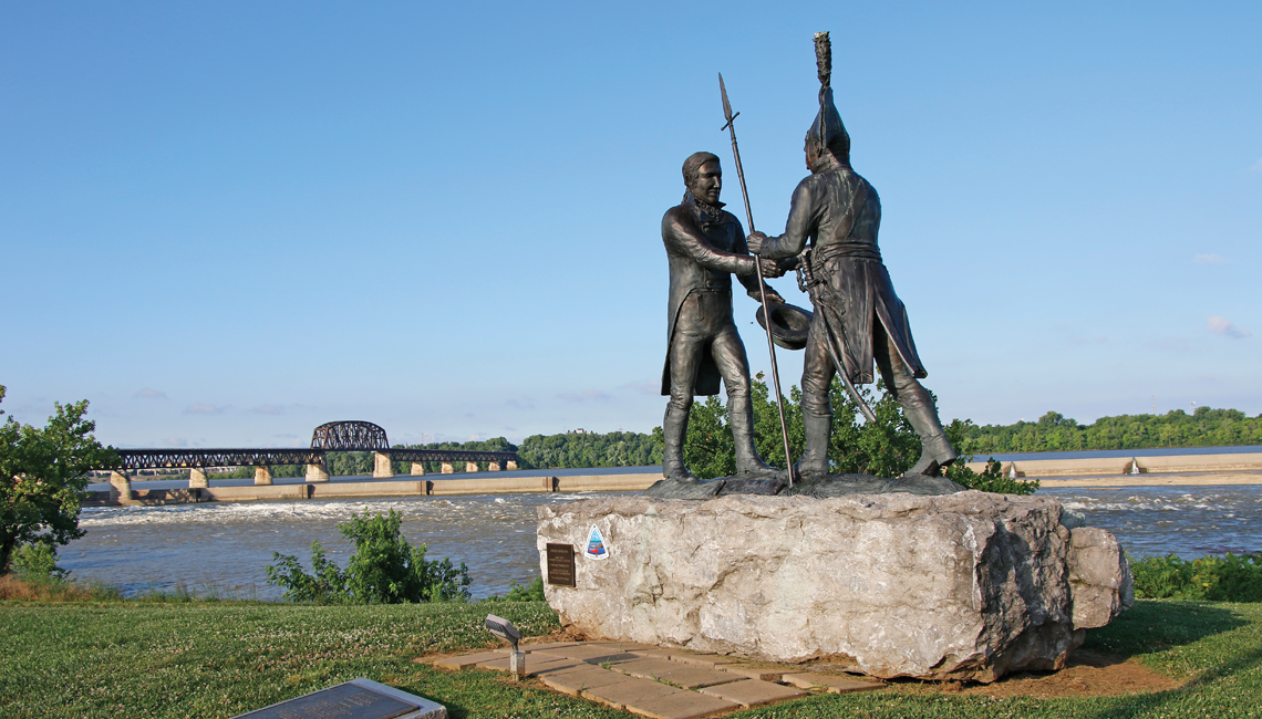 A statue of Meriweather Lewis and William Clark at Falls of the Ohio State Park in Clarksville, Indiana.