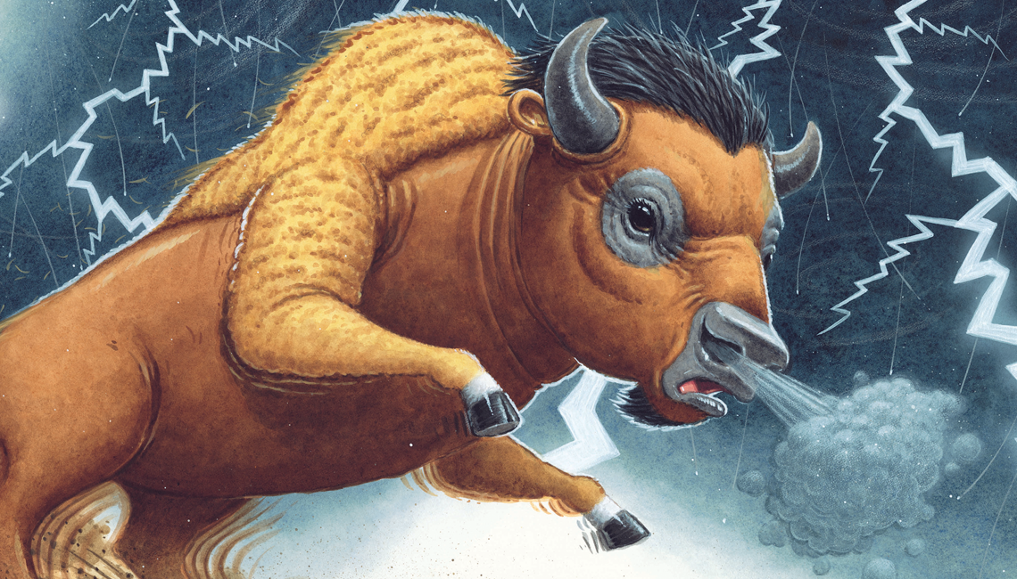 An illustration of a bison in front of a stormy sky