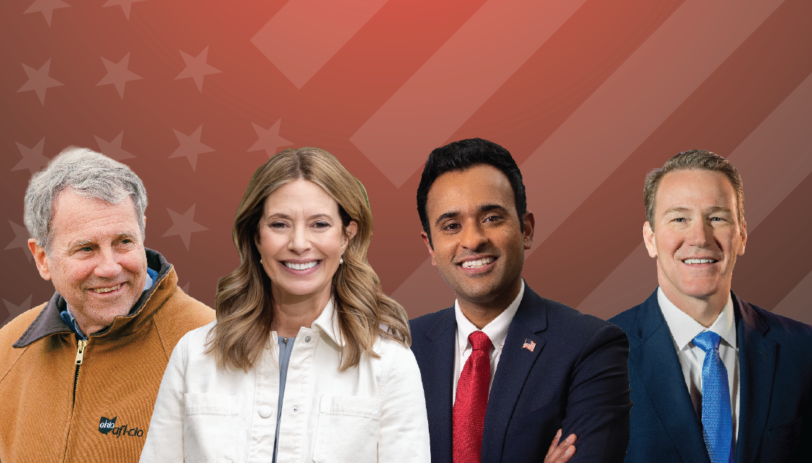 A graphic with Sherrod Brown, Amy Acton, Vivek Ramaswamy, and Jon Husteds' headshots