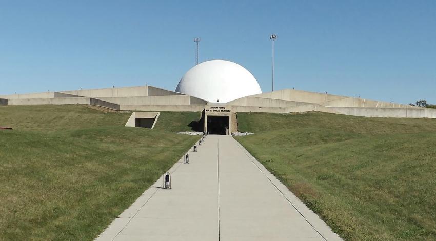 An outside view of the Armstrong Air and Space Museum, which resembles a moon base.