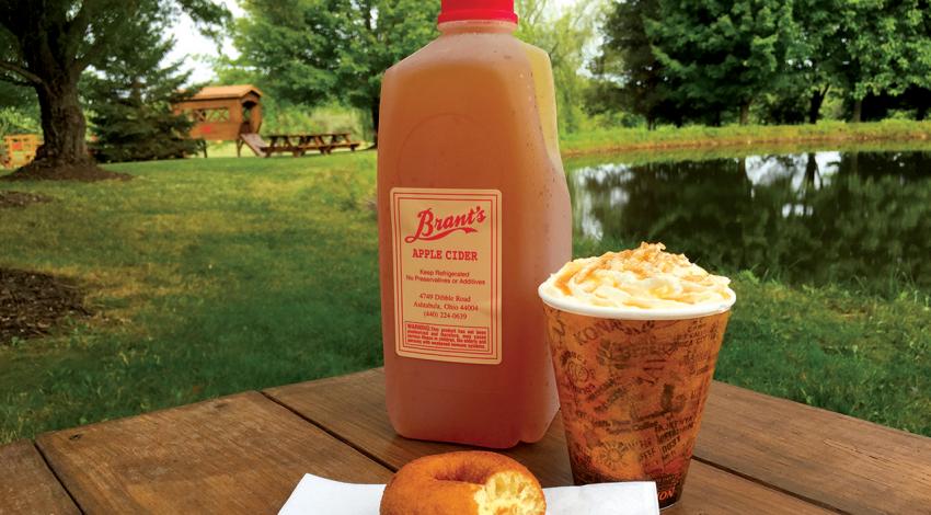 A photo of a donut with a bite out of it next to apple cider and coffee.