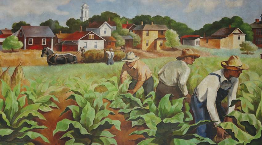 A mural displays tobacco harvesting.