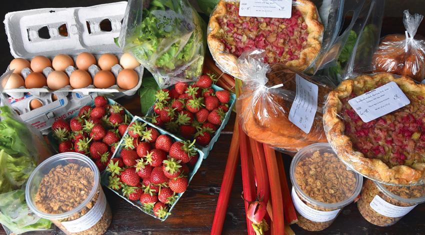 A picture of assorted foods, including strawberries, eggs, lettuce, bread, nuts, and pies.