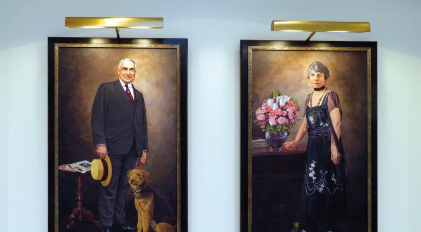 Paintings of Warren and Florence Harding that hang side by side near the entrance of the Warren G. Harding Presidential Library and Museum in Marion