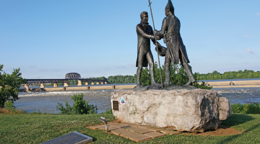 A statue of Meriweather Lewis and William Clark at Falls of the Ohio State Park in Clarksville, Indiana.