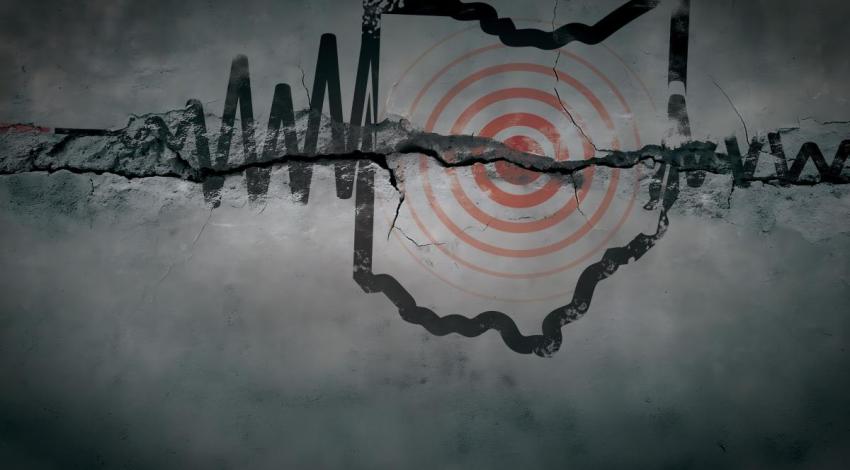 A graphic with an outline of the state of Ohio and an earthquake monitor