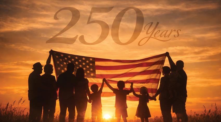 Silhouette of people holding the American flag at sunset