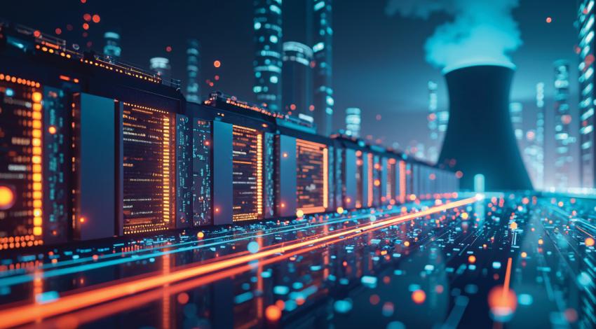 Data center animation with power plant in background