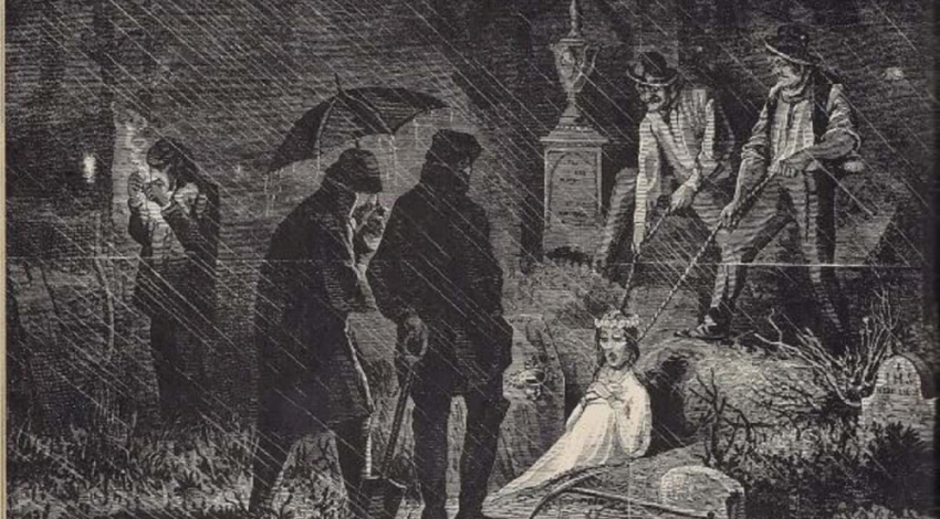 A black and white sketch of a graveyard scene