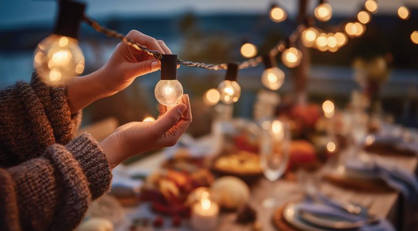 Hands holding a strand of outdoor lights