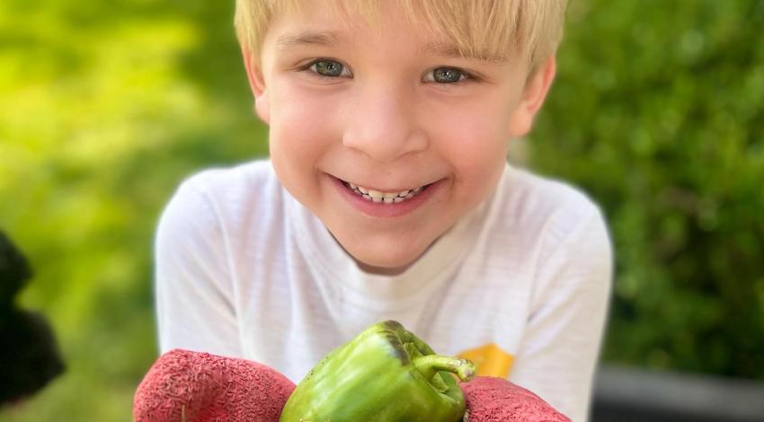 smiling blond boy holds up his hands, full of carrots and peppers
