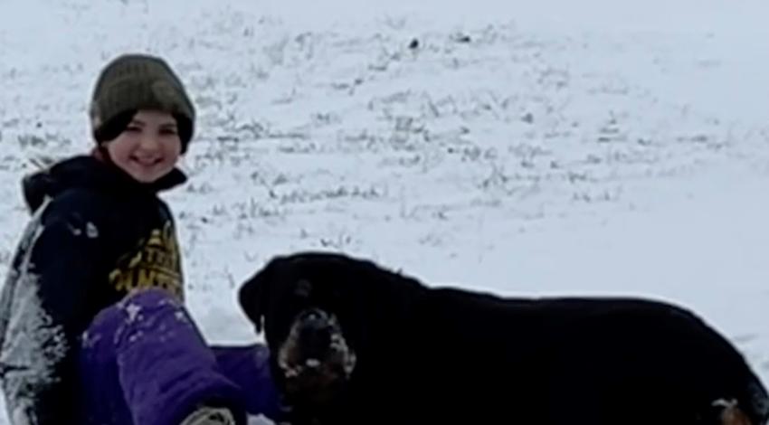 Girl sitting and dog lying in the snow.