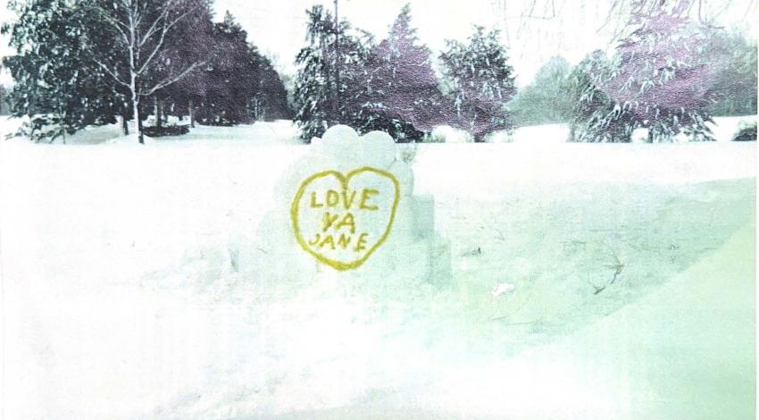 snow mound with a heart and Valentine's message
