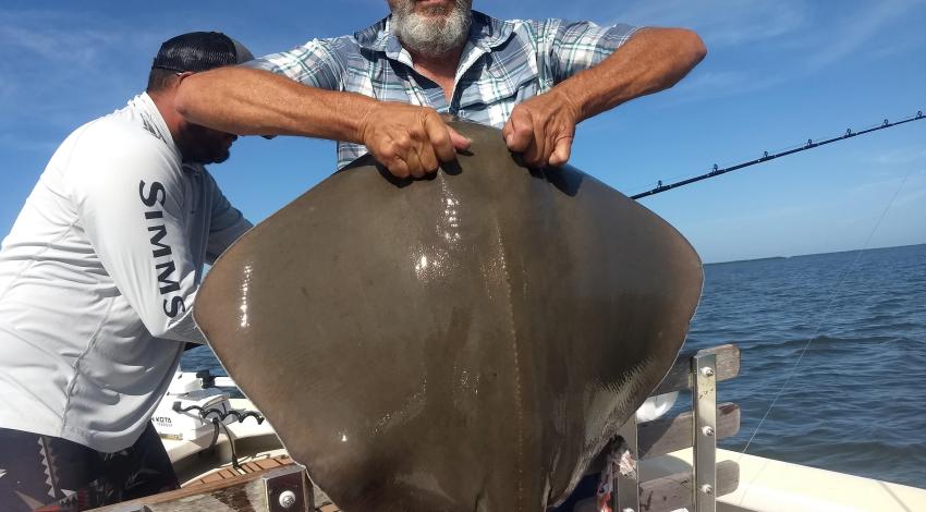 man smiling holding a stingray 