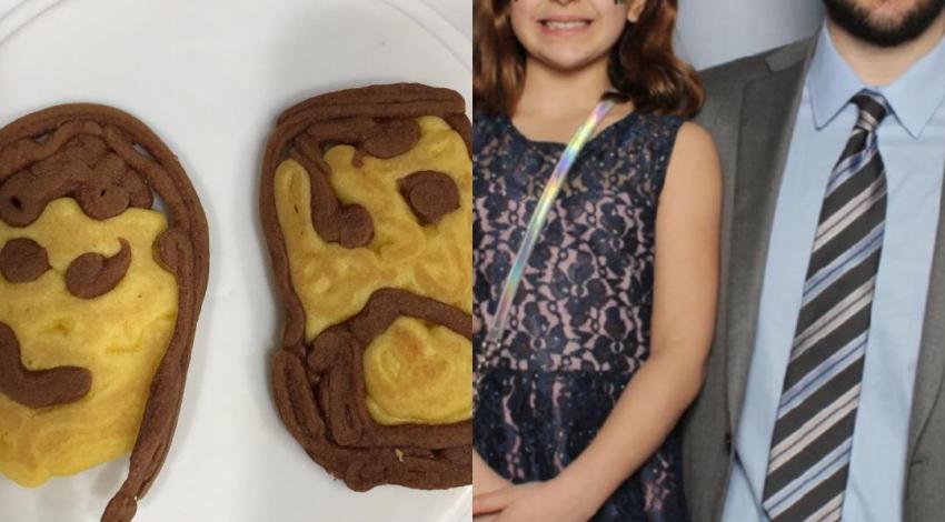 girl with man and face pancakes on plate
