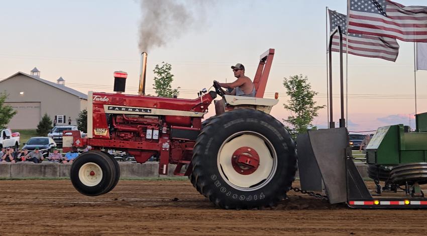 red tractor with American flags