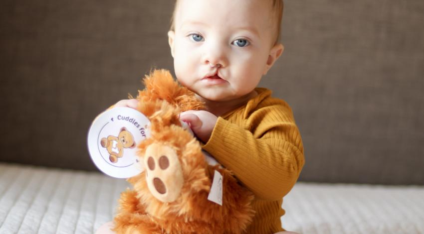 Sitting baby hugging fluffy brown teddy bear