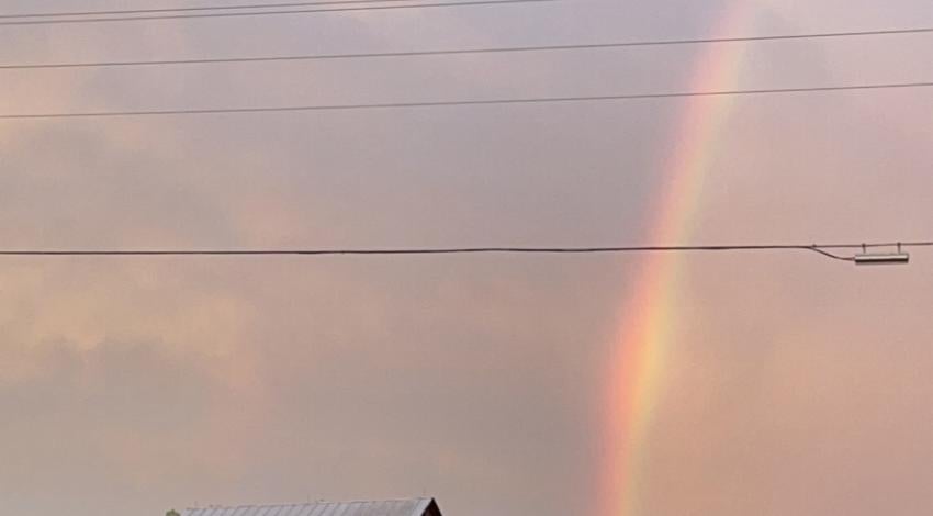 Red barn with rainbow in background