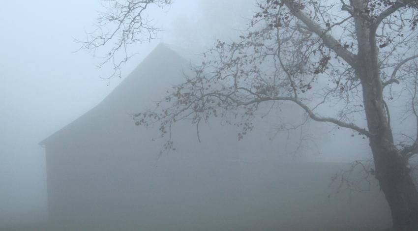 Dark silhouette of a barn in dense fog