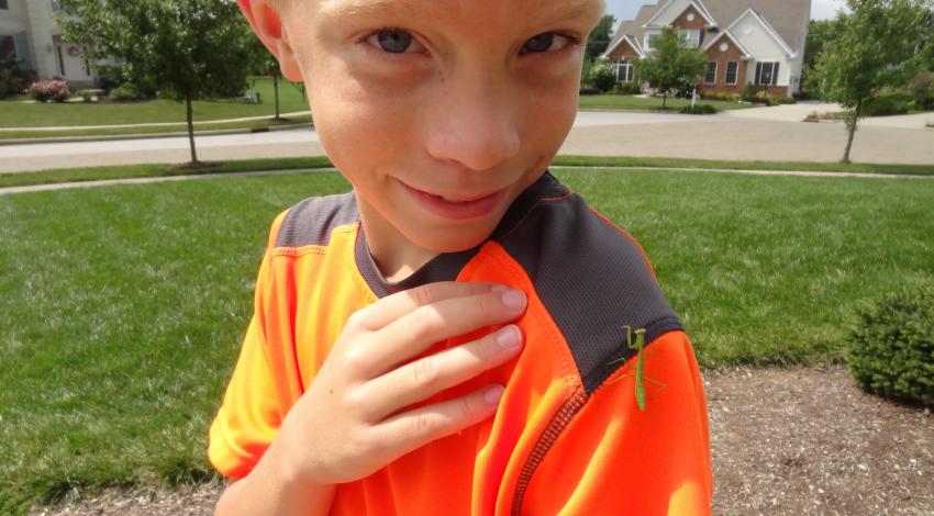 Boy in bright orange shirt with praying mantis on his shoulder
