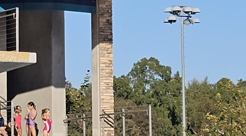 Girl jumps off high dive platform, touching her toes