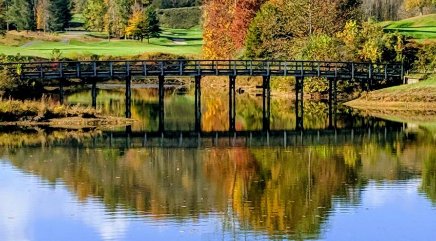 fall trees reflecting on lake with bridge