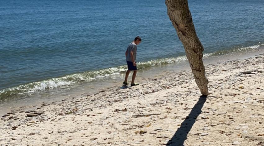 person walking along sandy lake shore