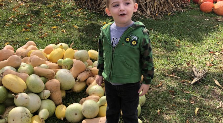 little boy next to pile of gourds with pumpkins in the background