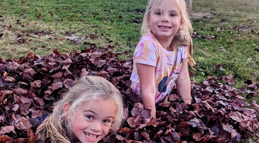 two little girls in leaf pile