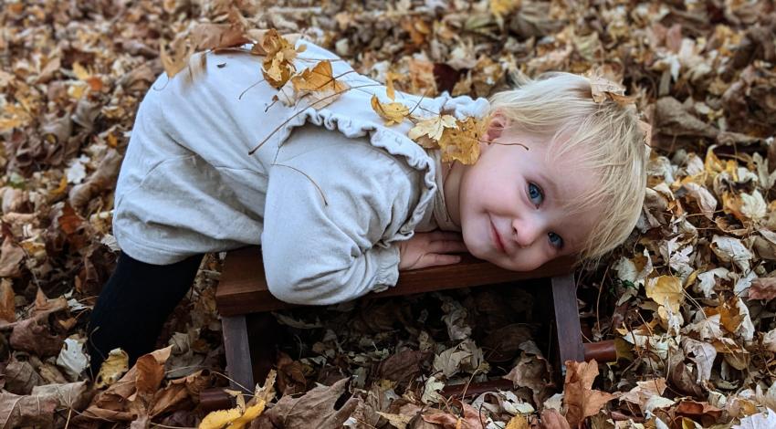 little girl in leaf pile