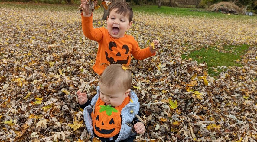 little boy tosses leaves on baby