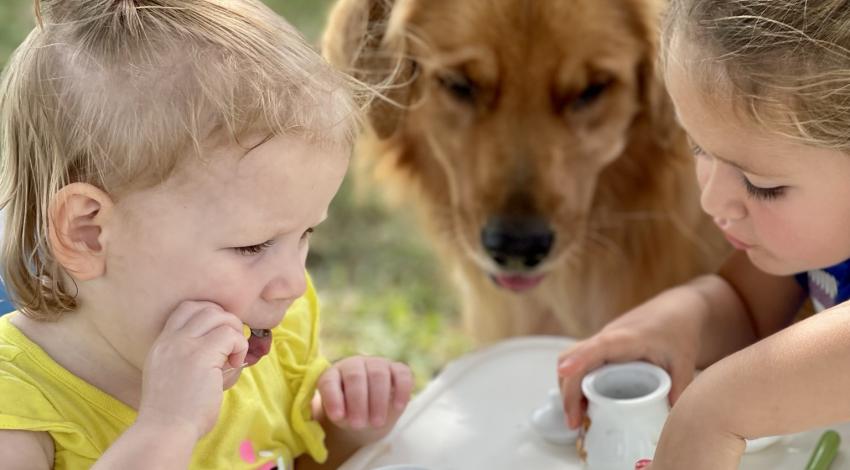 two girls sit at outdoor table with tea set while golden retriever sits nearby, watching them