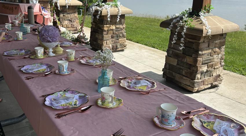 elegant tea set up on outdoor porch
