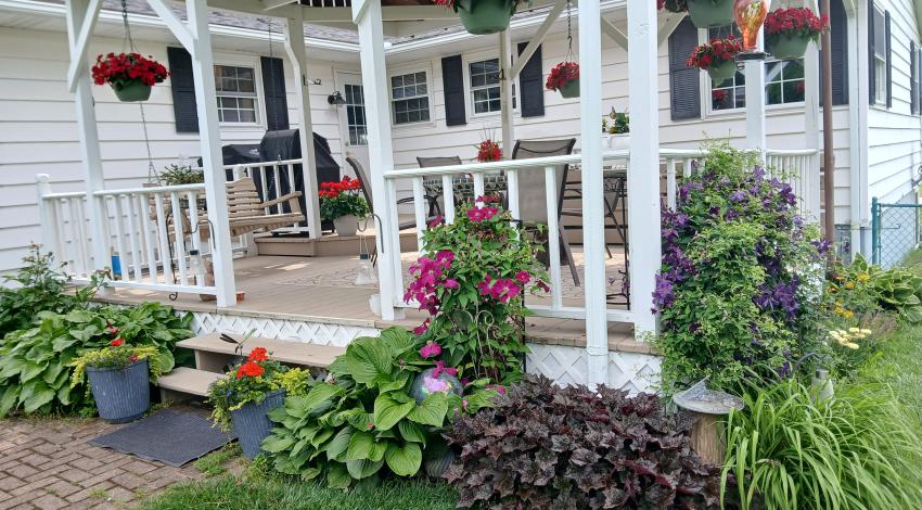 flowers around covered deck