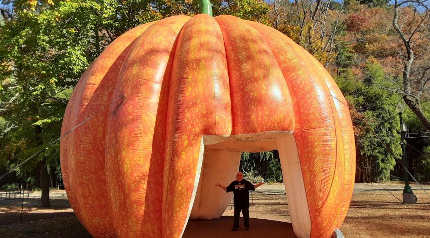 woman standing under giant pumpkin