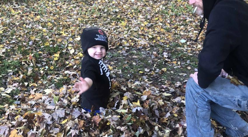little boy with hat in leaf pile