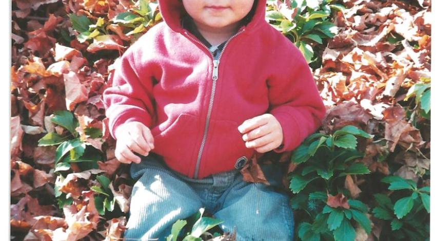baby in red jacket sits among leaves