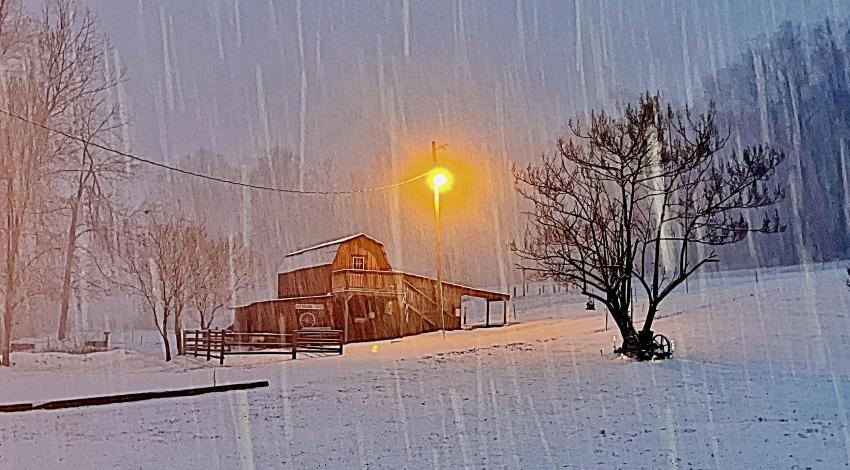 Red barn with snow falling in the foreground