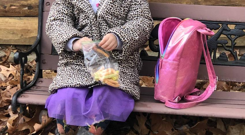 little girl in winter coat and hat on bench surrounded by leaves