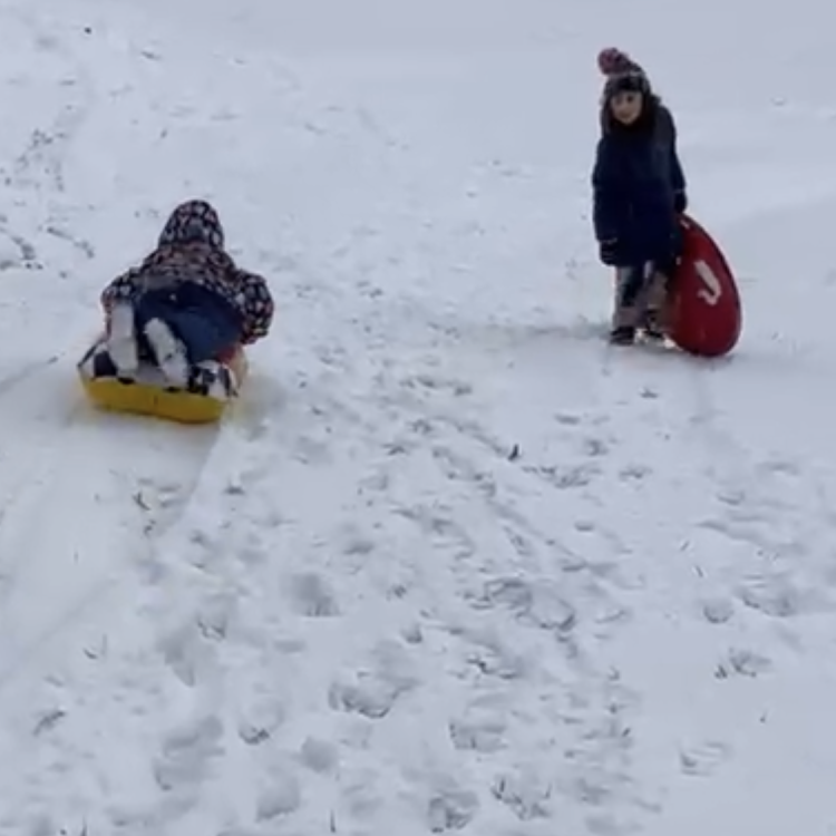 two children sledding 