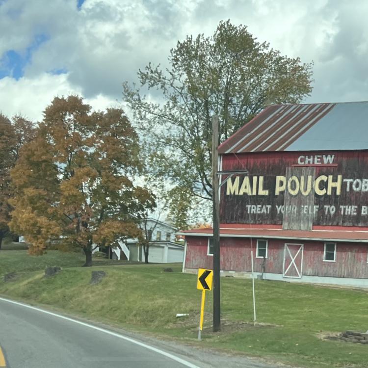 Tall black barn with Mail Pouch mural