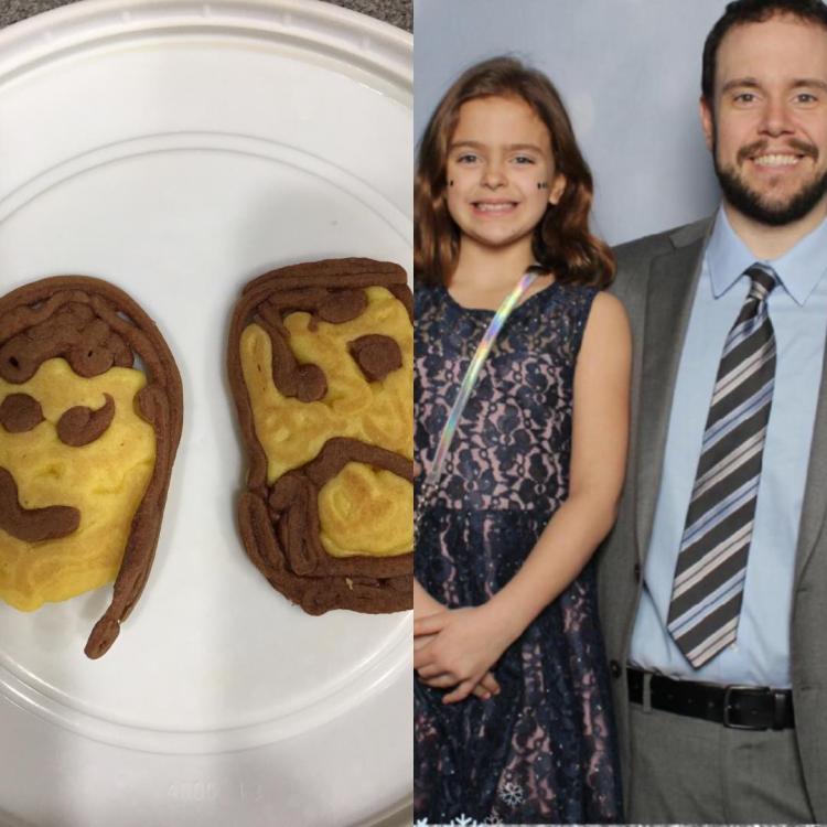 girl with man and face pancakes on plate
