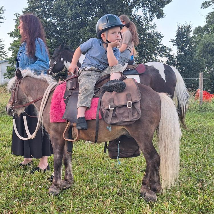 little boy sits backwards on pony