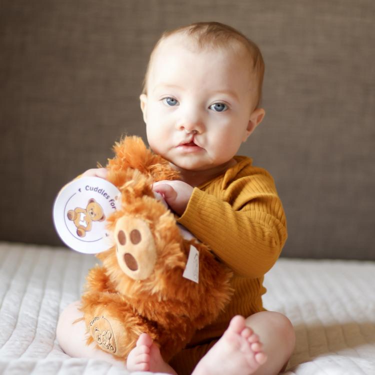 Sitting baby hugging fluffy brown teddy bear