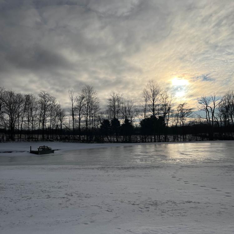 frozen pond in front of sunrise