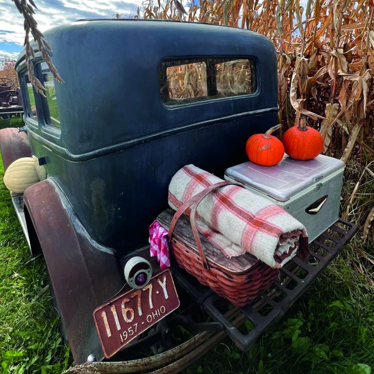 picnic basket and blanket on back of old-fashioned car