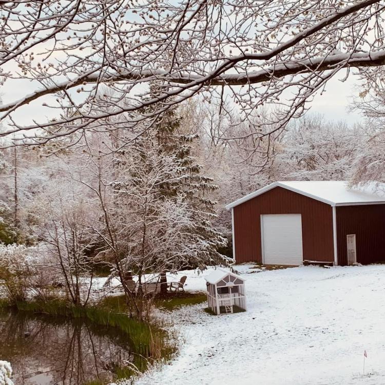 Red barn in snowy landscape