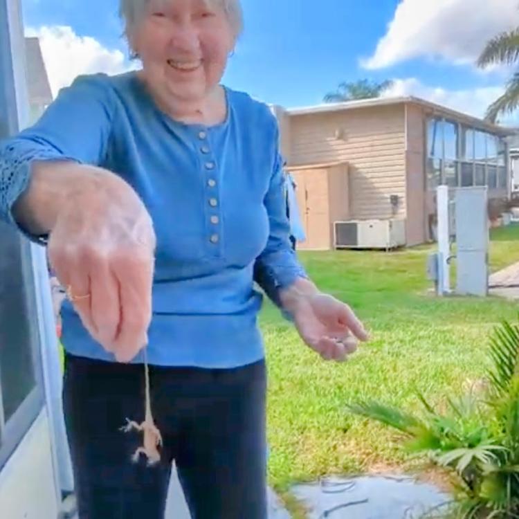 woman on patio holding a small lizard