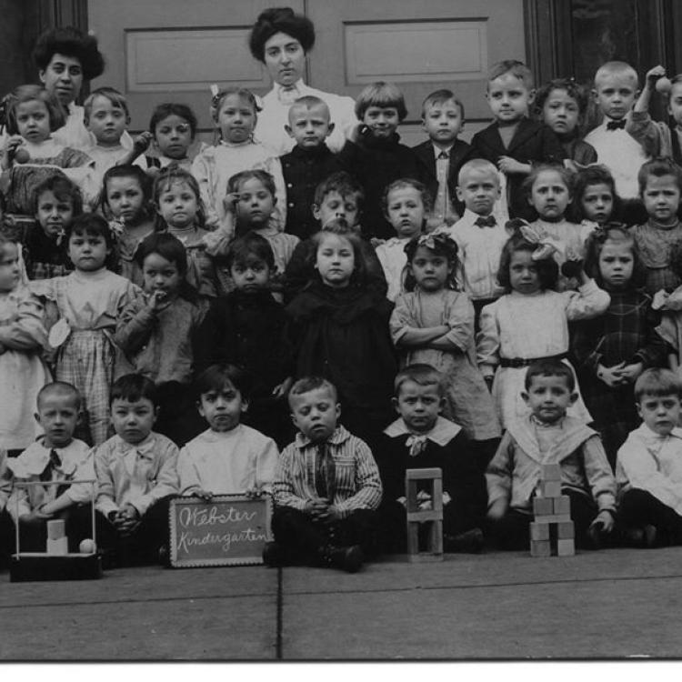 black-and-white class photo of young children